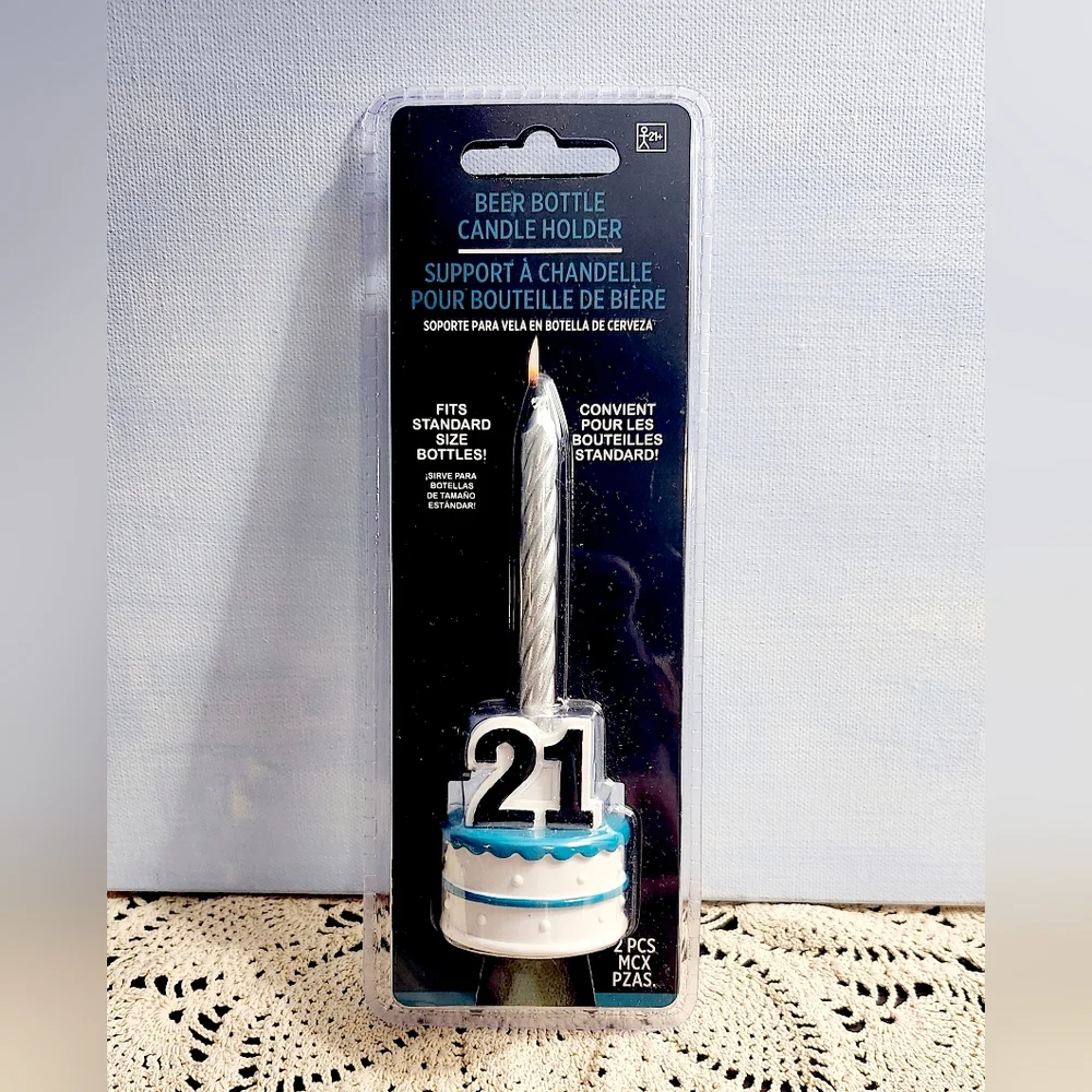 Party City Silver 21st Birthday Beer Bottle Candle Holder/ Cake Topper